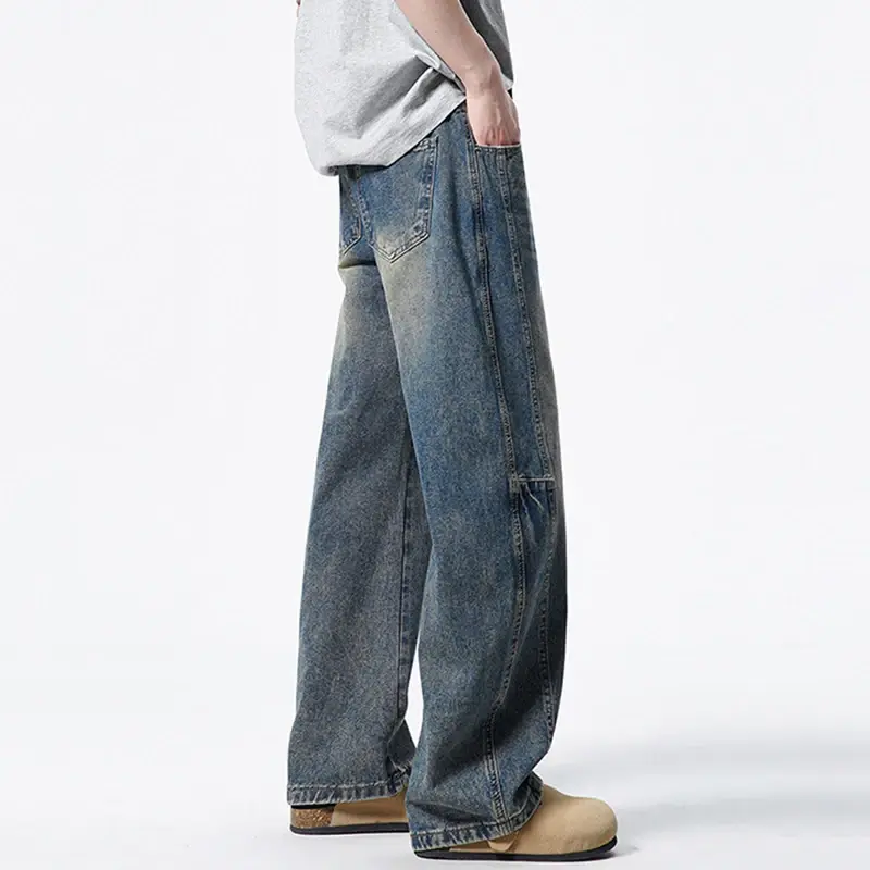 Curved Knife Design Jeans Male Bottoms American Style Washed Loose Splicing Men's Denim Pants Summer New Trendy Baggy Jeans