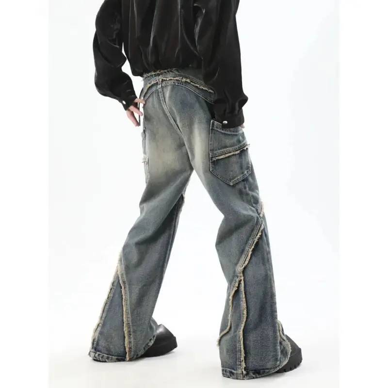 Denim Pants Baggy Jeans Men American Chic Vintage Patchwork Distressed Washed Loose Wide Leg Casual Fashion Streetwear