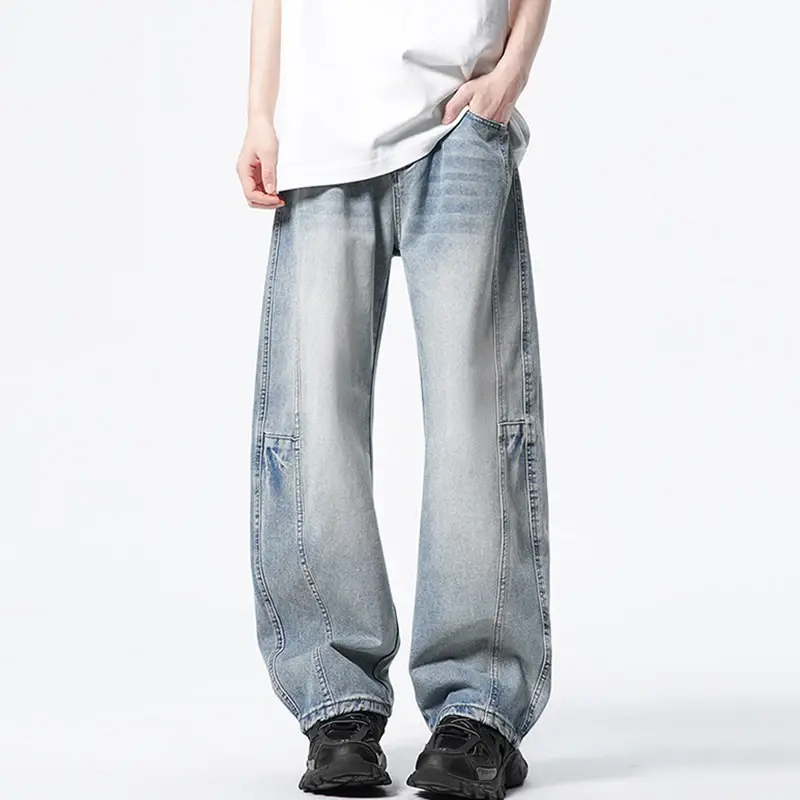 Curved Knife Design Jeans Male Bottoms American Style Washed Loose Splicing Men's Denim Pants Summer New Trendy Baggy Jeans