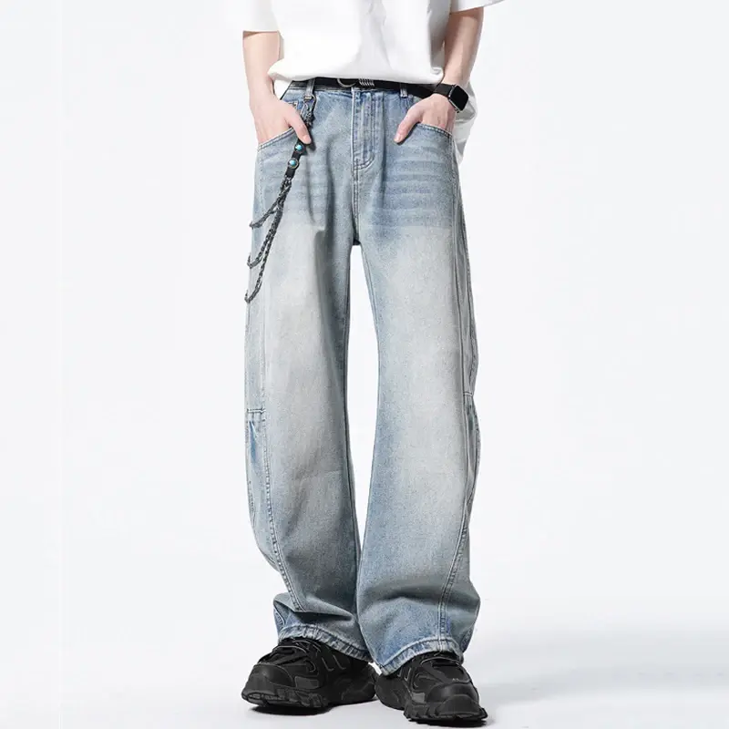 Curved Knife Design Jeans Male Bottoms American Style Washed Loose Splicing Men's Denim Pants Summer New Trendy Baggy Jeans