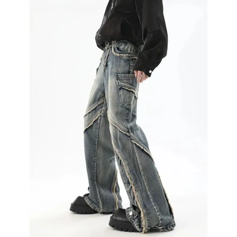 Denim Pants Baggy Jeans Men American Chic Vintage Patchwork Distressed Washed Loose Wide Leg Casual Fashion Streetwear