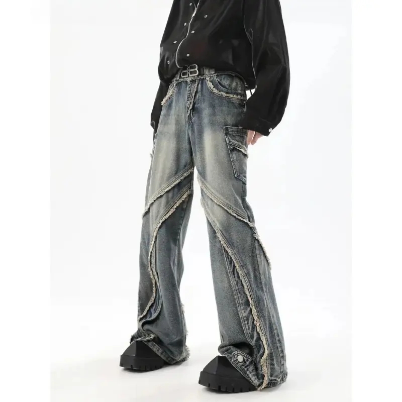 Denim Pants Baggy Jeans Men American Chic Vintage Patchwork Distressed Washed Loose Wide Leg Casual Fashion Streetwear