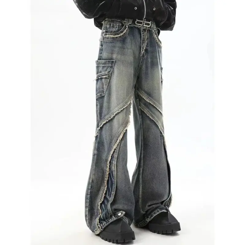 Denim Pants Baggy Jeans Men American Chic Vintage Patchwork Distressed Washed Loose Wide Leg Casual Fashion Streetwear