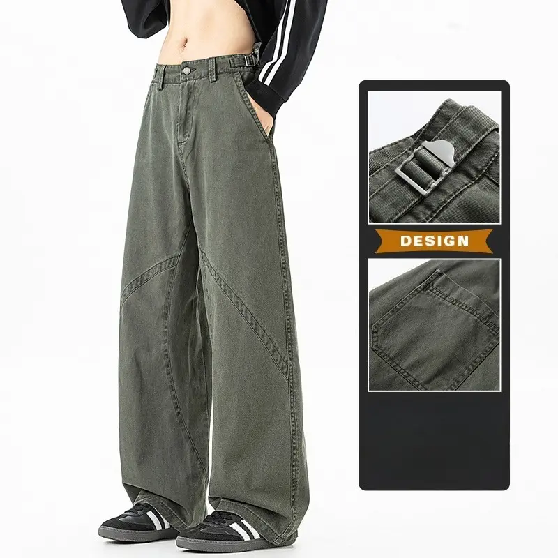 Men Casual Pants High Waist Straight Leg Knife Cut Design Summer Trend American Retro Military Een Denim Jeans Ex Loose Fit