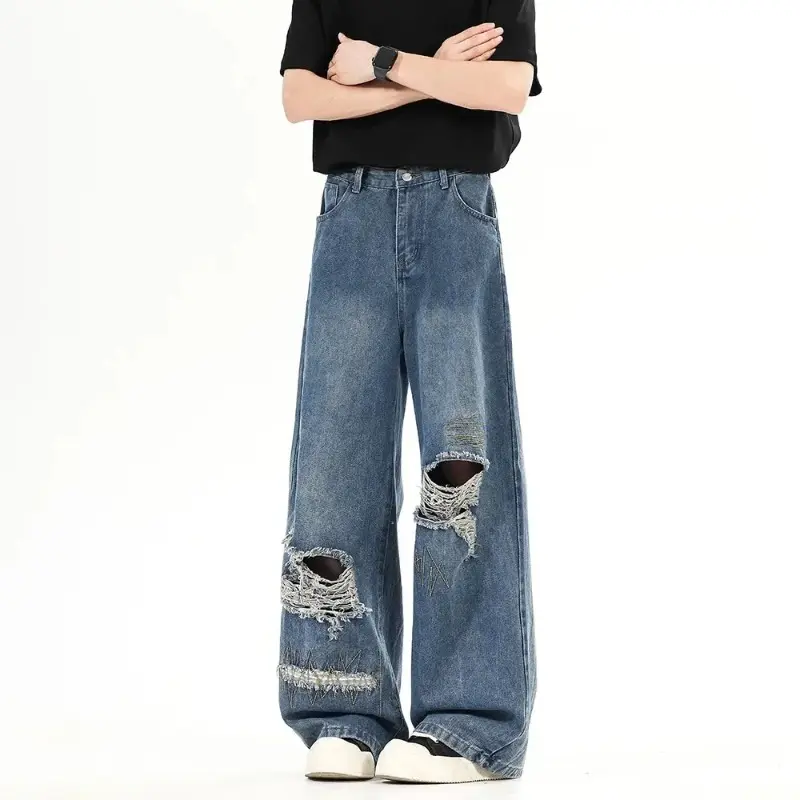Men's Jeans Casual Spring Summer New Design Pauper Workwear Loose Fit Straight Leg Trousers American Retro Hole Wide Leg