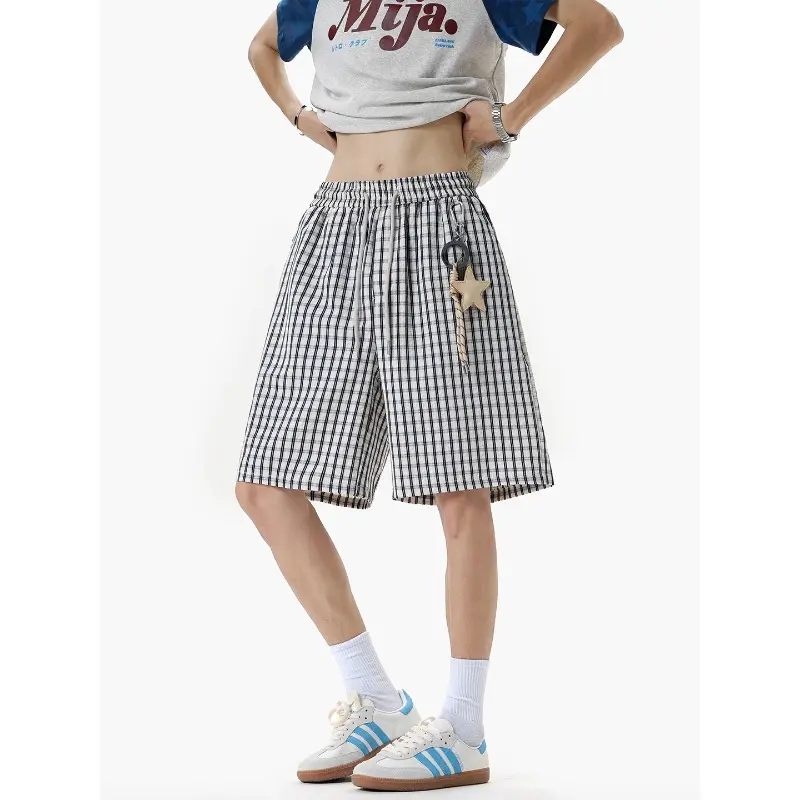 Men's Ort Pants High Street Spor Casual Five-Quarter Loose Slimming Beachwear Trendy Star Hanging Decorated Plaid Gym Shorts Men