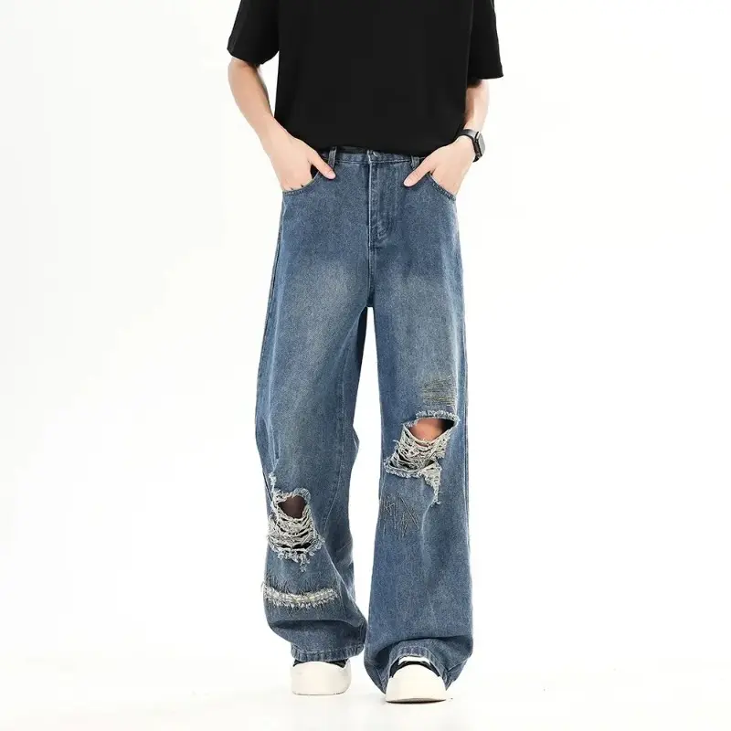 Men's Jeans Casual Spring Summer New Design Pauper Workwear Loose Fit Straight Leg Trousers American Retro Hole Wide Leg