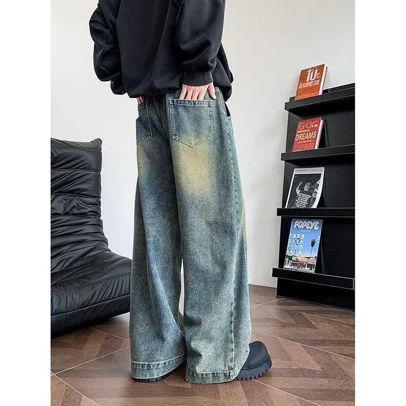 Men's Jeans Washed Vintage Loose Straight Leg Floor-Length Casual Pants American Retro Style Spring Autumn Street Style
