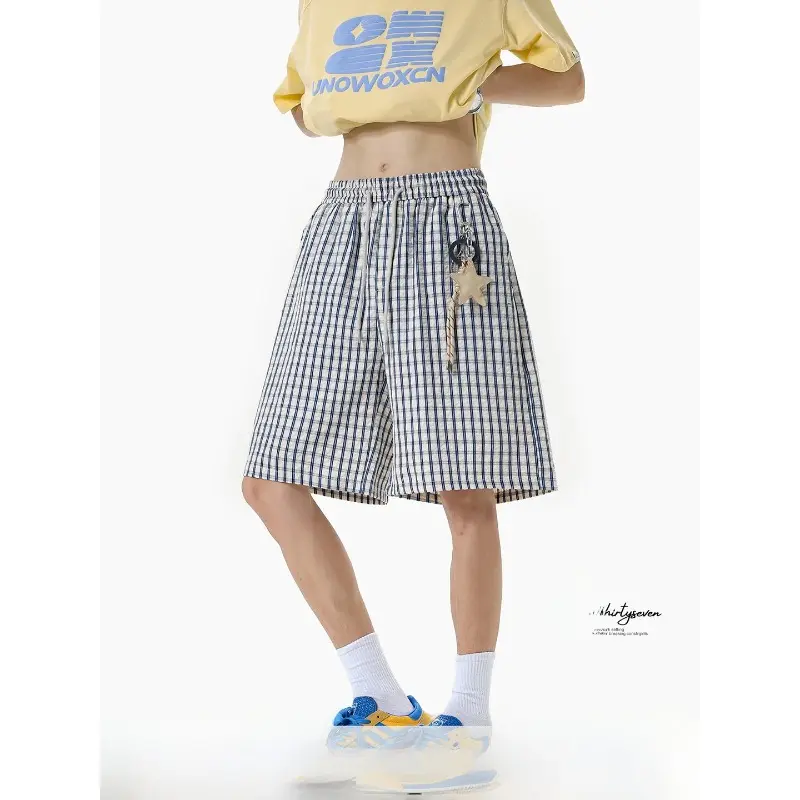 Men's Ort Pants High Street Spor Casual Five-Quarter Loose Slimming Beachwear Trendy Star Hanging Decorated Plaid Gym Shorts Men