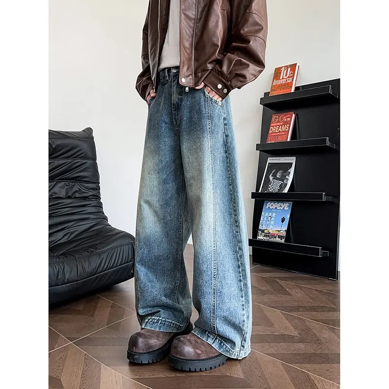 Men's Jeans Washed Vintage Loose Straight Leg Floor-Length Casual Pants American Retro Style Spring Autumn Street Style
