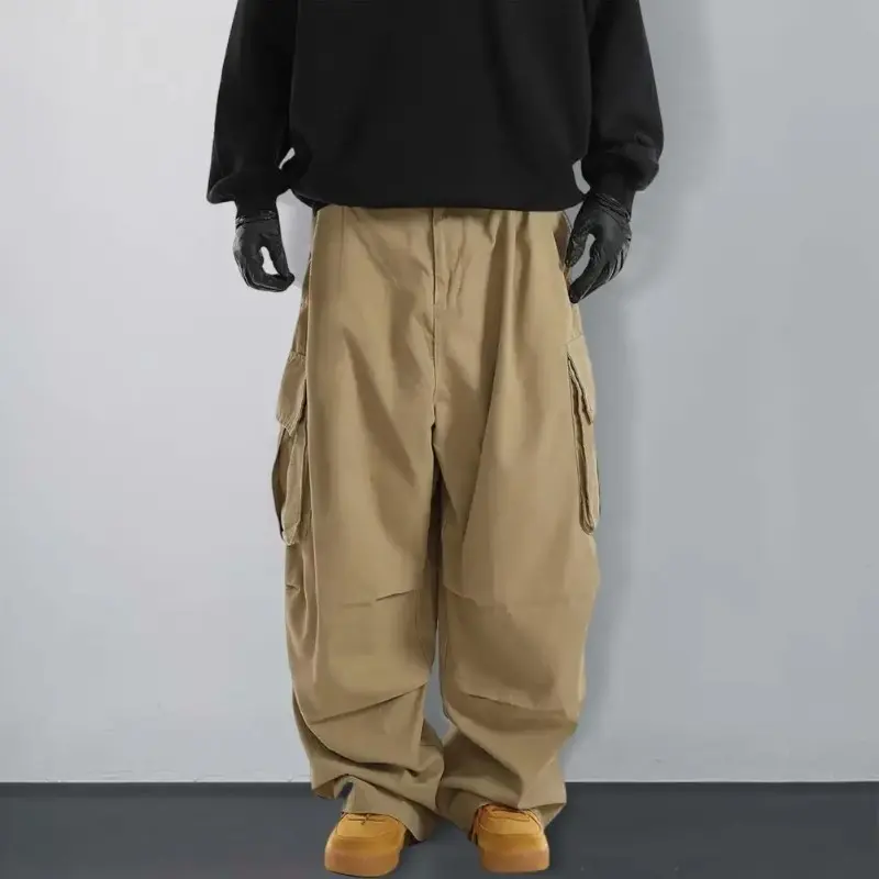 Men's Cargo Pants Casual Men Pants Vintage Wide Leg with Multi Pockets Elastic Waist Hip Hop Streetwear Style Outdoor Long