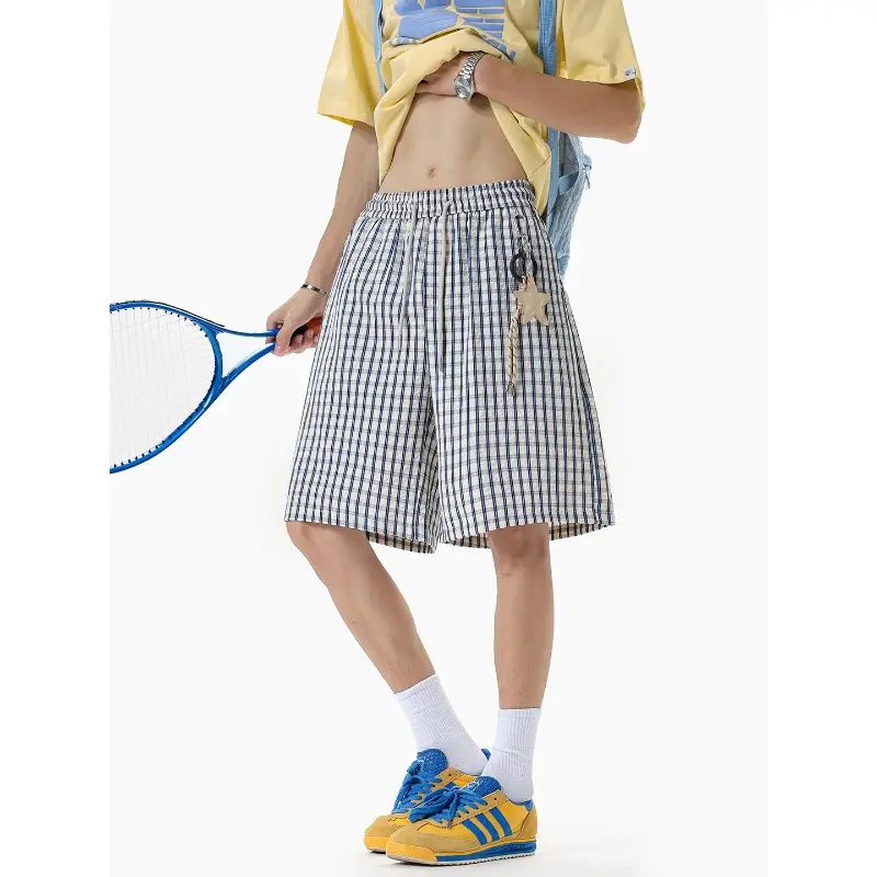 Men's Ort Pants High Street Spor Casual Five-Quarter Loose Slimming Beachwear Trendy Star Hanging Decorated Plaid Gym Shorts Men