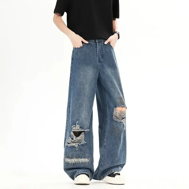Men's Jeans Casual Spring Summer New Design Pauper Workwear Loose Fit Straight Leg Trousers American Retro Hole Wide Leg