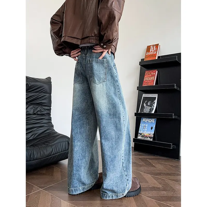Men's Jeans Washed Vintage Loose Straight Leg Floor-Length Casual Pants American Retro Style Spring Autumn Street Style