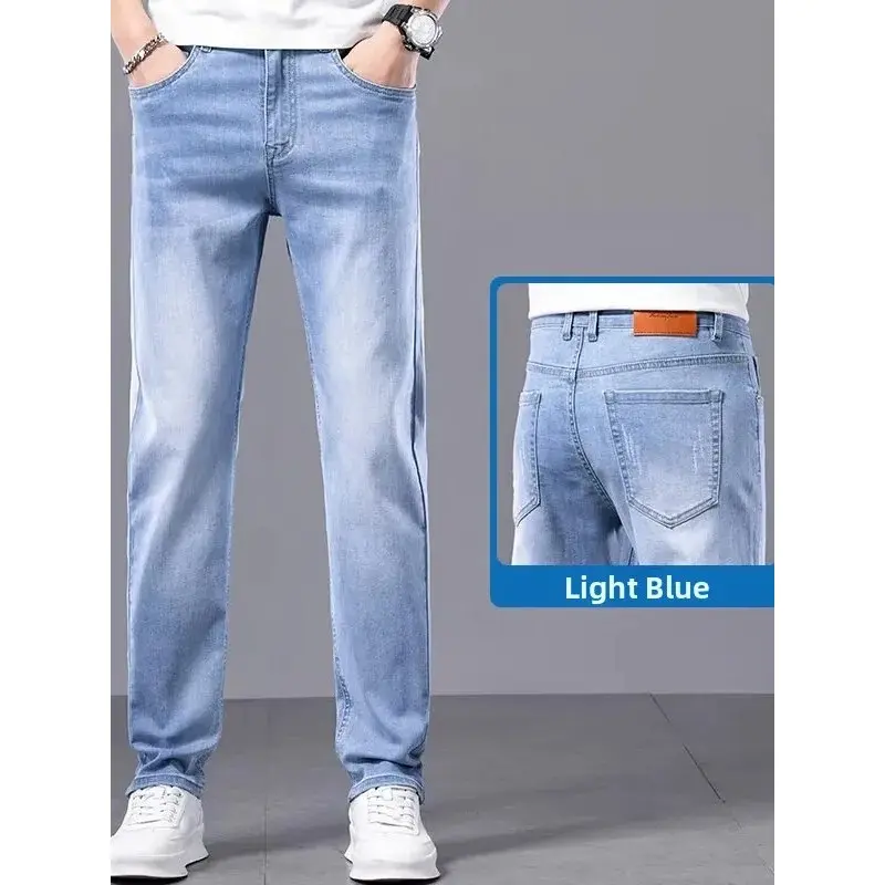 Men's Jeans Summer Thin Straight Leg Casual Wear Resistant Wearable Versatile Long Pants Mid Waist Zipper Closure Faionable