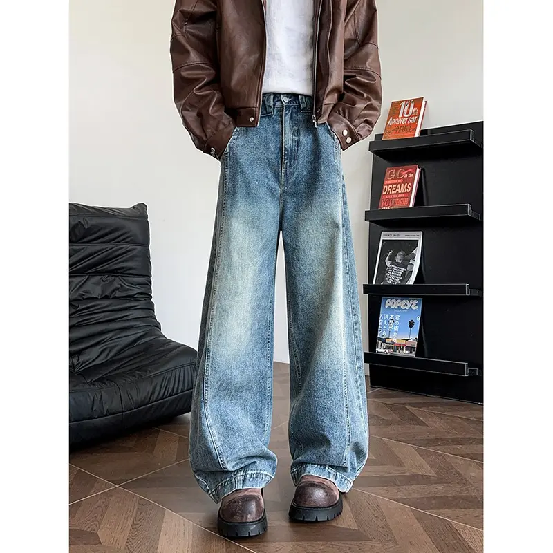 Men's Jeans Washed Vintage Loose Straight Leg Floor-Length Casual Pants American Retro Style Spring Autumn Street Style