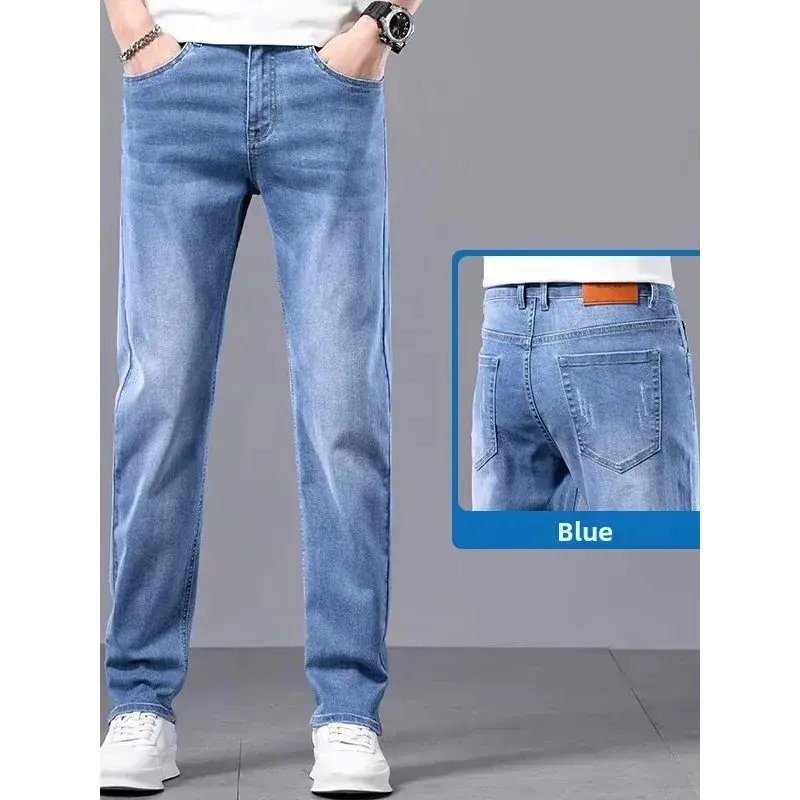 Men's Jeans Summer Thin Straight Leg Casual Wear Resistant Wearable Versatile Long Pants Mid Waist Zipper Closure Faionable