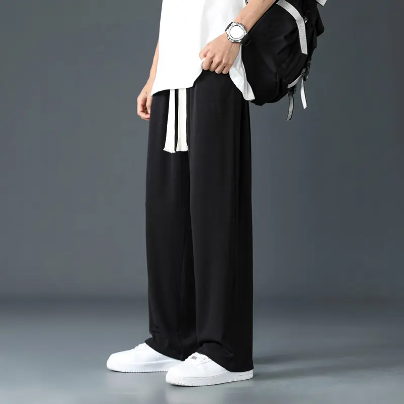 2025 Straight Ice Silk Pants for Men with Nine Inch Wide Legs Trendy and Hanging Casual Pants Summer Thin and Loose Casual Pants
