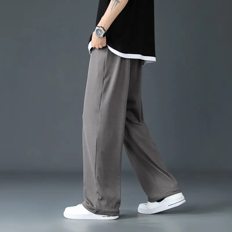 2025 Straight Ice Silk Pants for Men with Nine Inch Wide Legs Trendy and Hanging Casual Pants Summer Thin and Loose Casual Pants