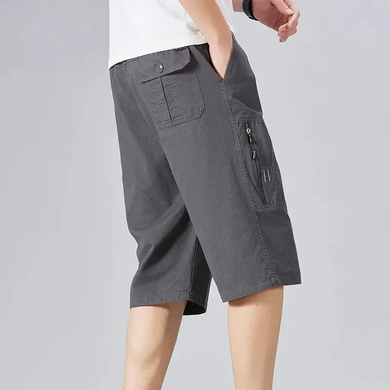 Men's Casual Cargo Pants Pure Cotton Summer Loose Straight Leg Short Shorts with Zipper Pocket Print Trendy Seven-Foot Length