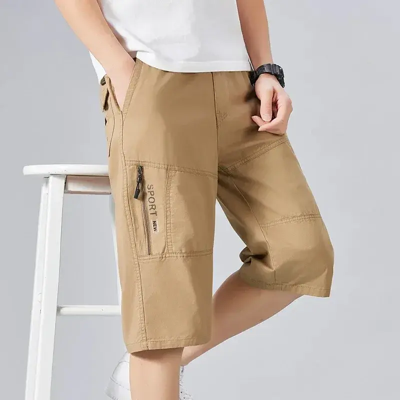 Men's Casual Cargo Pants Pure Cotton Summer Loose Straight Leg Short Shorts with Zipper Pocket Print Trendy Seven-Foot Length