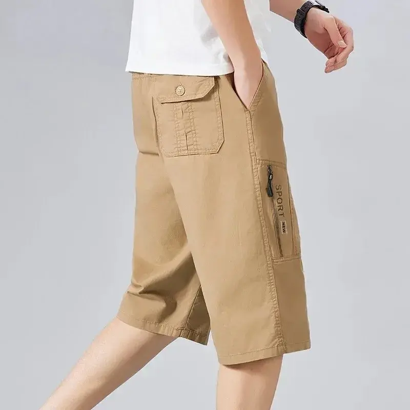 Men's Casual Cargo Pants Pure Cotton Summer Loose Straight Leg Short Shorts with Zipper Pocket Print Trendy Seven-Foot Length