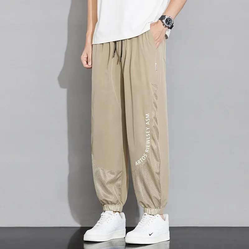 Men's Solid Color Pants Breathable Mesh Hollowed Out Casual Pants Letters Printed Straight Sports Pants M-8XL Summer New