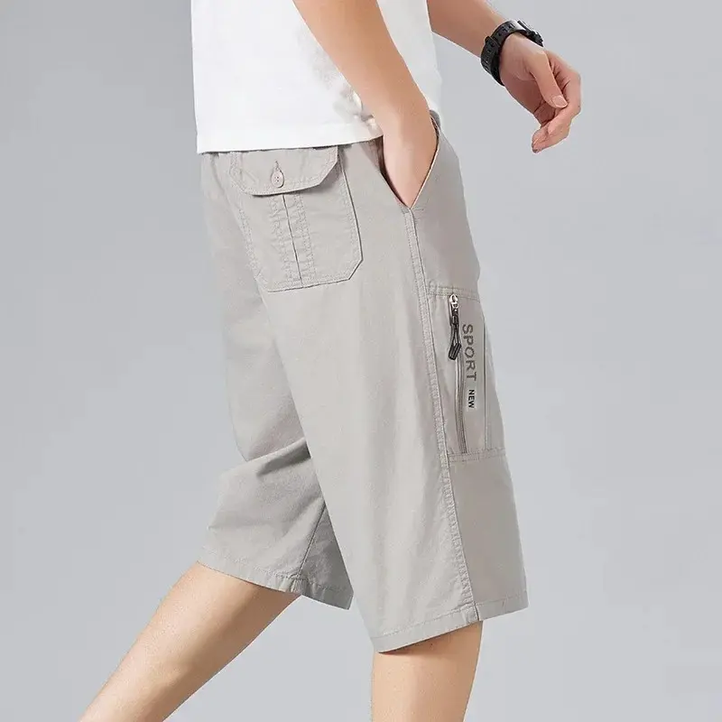Men's Casual Cargo Pants Pure Cotton Summer Loose Straight Leg Short Shorts with Zipper Pocket Print Trendy Seven-Foot Length