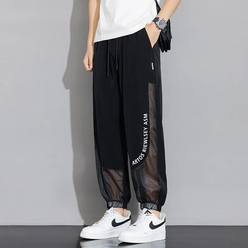 Men's Solid Color Pants Breathable Mesh Hollowed Out Casual Pants Letters Printed Straight Sports Pants M-8XL Summer New