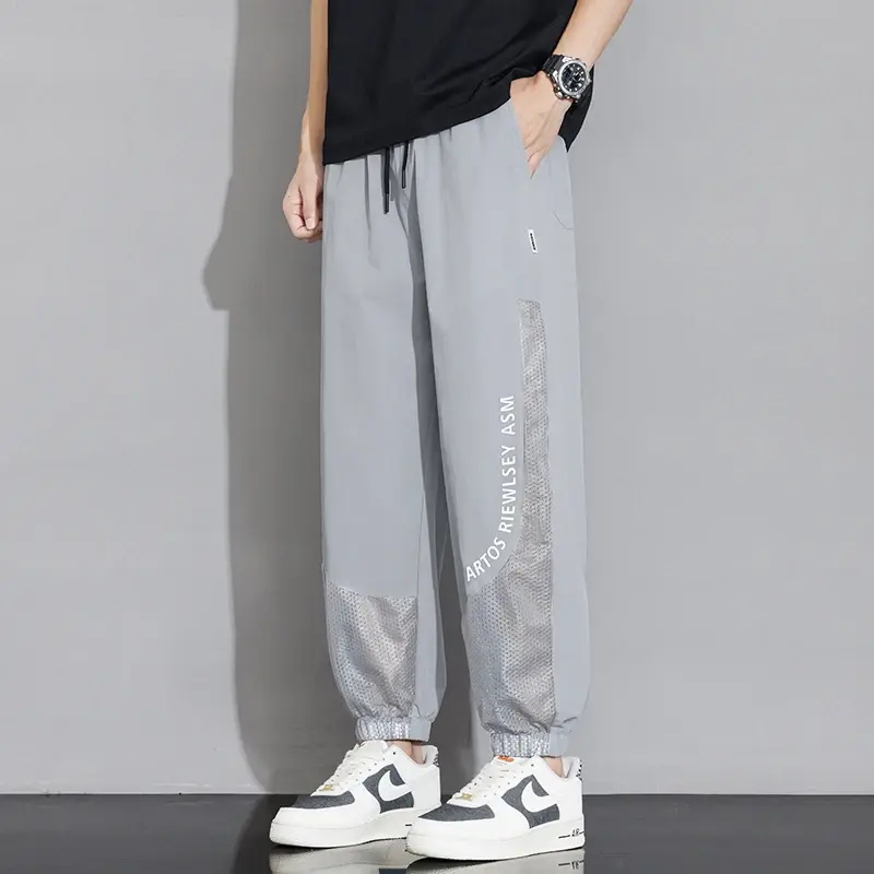 Men's Solid Color Pants Breathable Mesh Hollowed Out Casual Pants Letters Printed Straight Sports Pants M-8XL Summer New