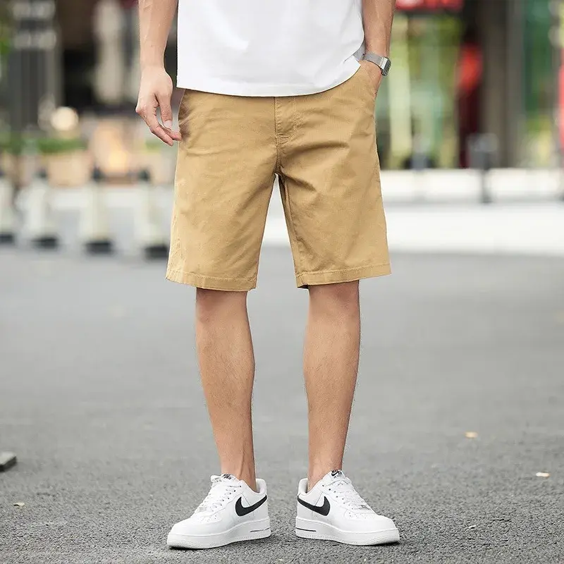 Men Casual Shorts Summer Cotton Elastic Slim Fit Thin Style Plus Size Five-Quarter Pants Straight Leg Versatile Basic Gym Shorts