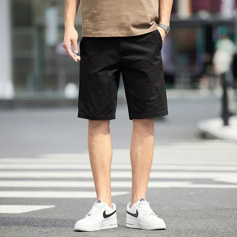 Men Casual Shorts Summer Cotton Elastic Slim Fit Thin Style Plus Size Five-Quarter Pants Straight Leg Versatile Basic Gym Shorts