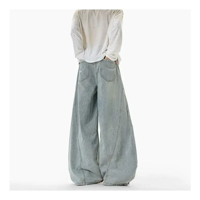Men's Casual Jeans High Street Style Vintage Design Wide Leg Versatile Semi Elastic Waist Knife Cut Denim Pants Loose Fit