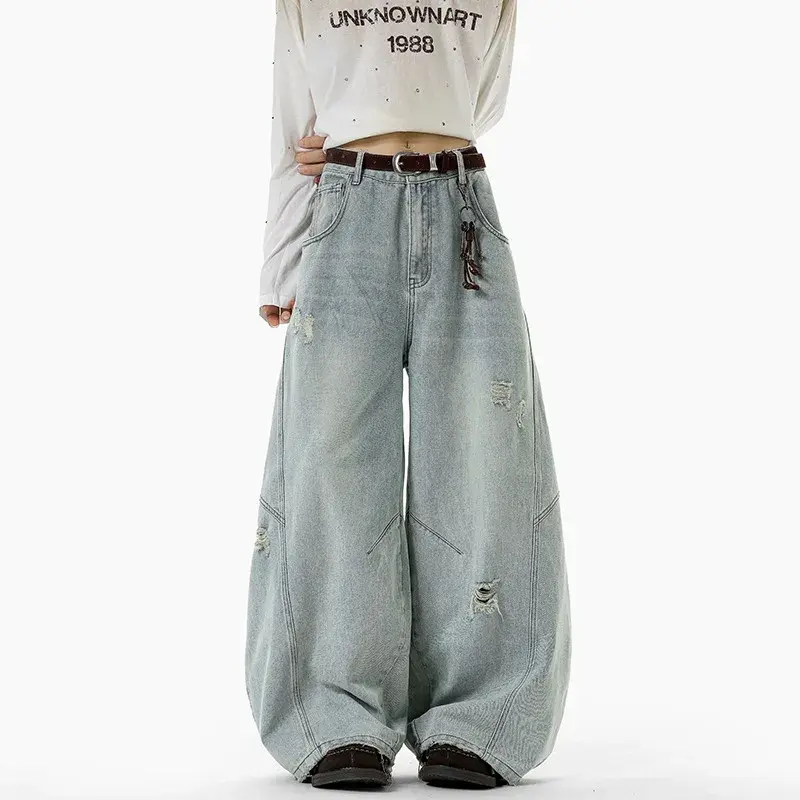 Men's Casual Jeans High Street Style Vintage Design Wide Leg Versatile Semi Elastic Waist Knife Cut Denim Pants Loose Fit