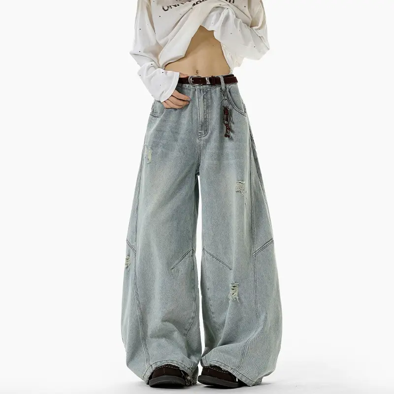 Men's Casual Jeans High Street Style Vintage Design Wide Leg Versatile Semi Elastic Waist Knife Cut Denim Pants Loose Fit