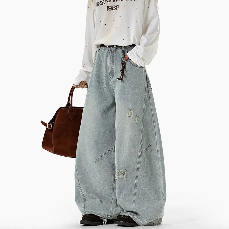 Men's Casual Jeans High Street Style Vintage Design Wide Leg Versatile Semi Elastic Waist Knife Cut Denim Pants Loose Fit