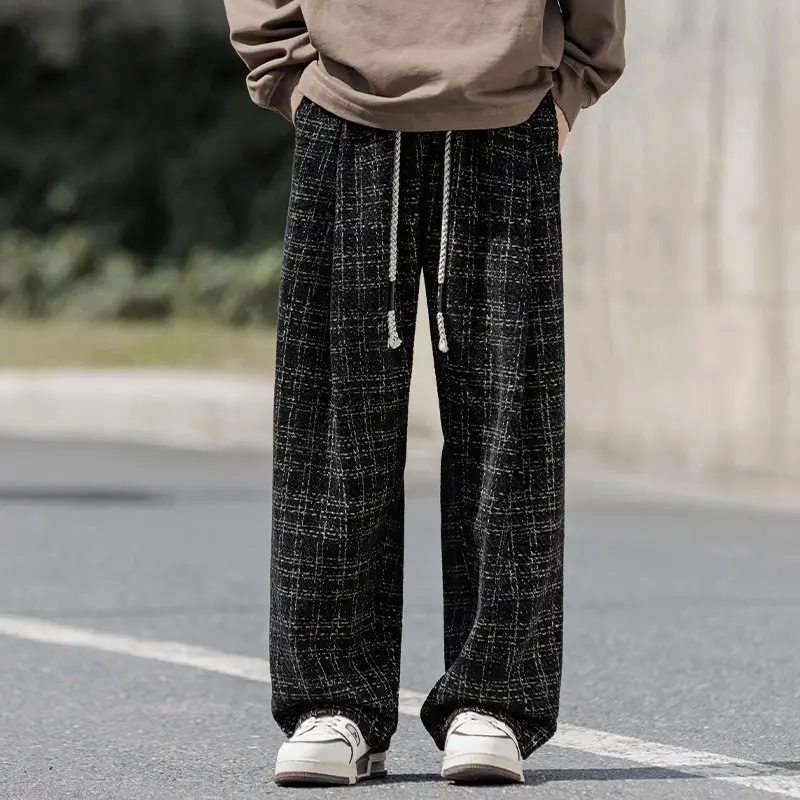 Men Casual Pants Draping Walking Trousers Trendy Casual Pants American Retro Plaid Men's Summer Lazy Loose Straight Baggy Pants
