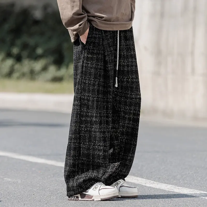 Men Casual Pants Draping Walking Trousers Trendy Casual Pants American Retro Plaid Men's Summer Lazy Loose Straight Baggy Pants