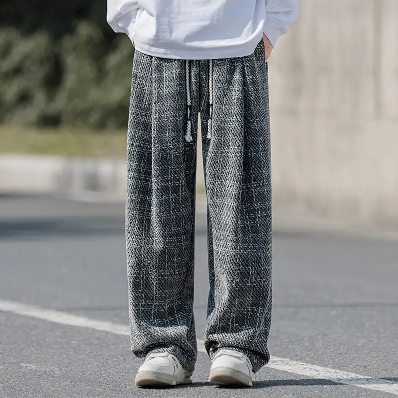 Men Casual Pants Draping Walking Trousers Trendy Casual Pants American Retro Plaid Men's Summer Lazy Loose Straight Baggy Pants