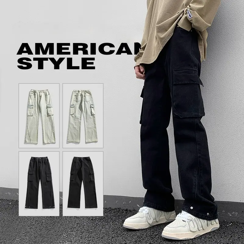 Men's Vintage Straight-leg Denim Jeans American Style Distressed Casual Trousers Wide Leg for Summer High Street 2025 New