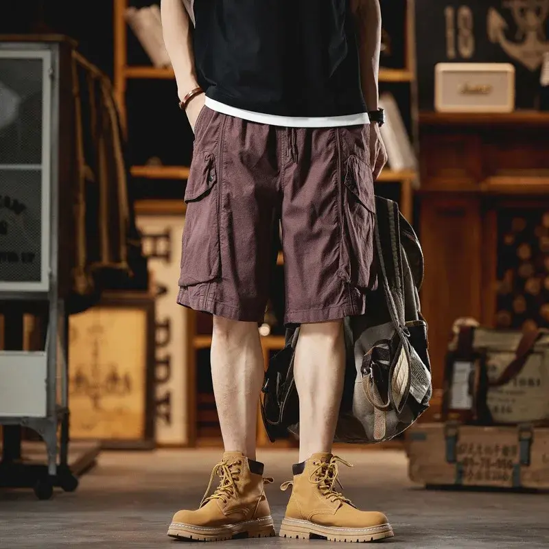 Men Five-Quarter Pants Plus Size Shorts Loose Fit Drawstring Casual Lightweight Multi-Pocket Workwear Men Mid-Length Trousers