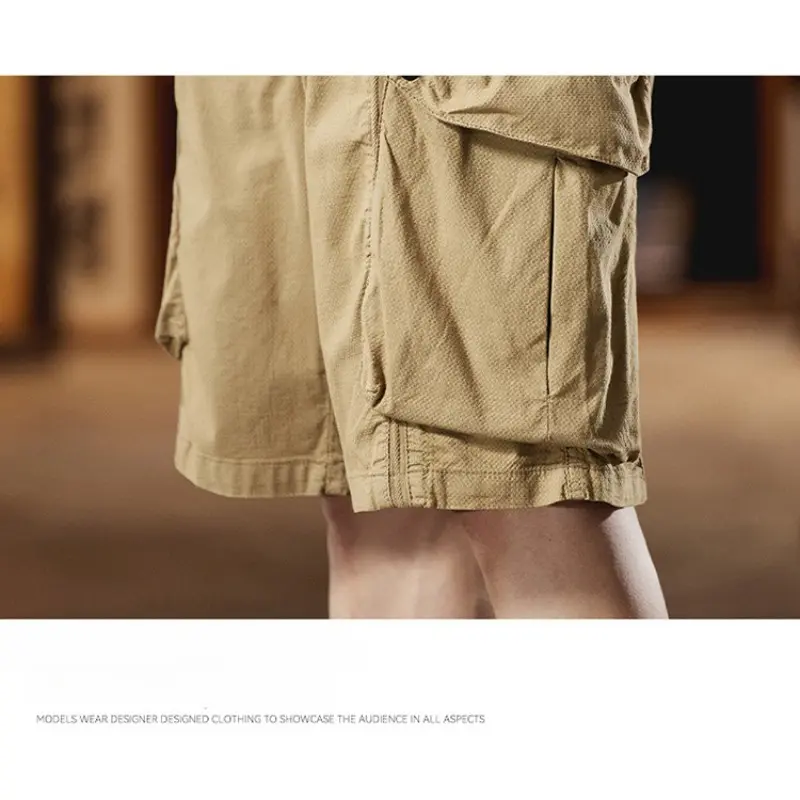 Men Five-Quarter Pants Plus Size Shorts Loose Fit Drawstring Casual Lightweight Multi-Pocket Workwear Men Mid-Length Trousers