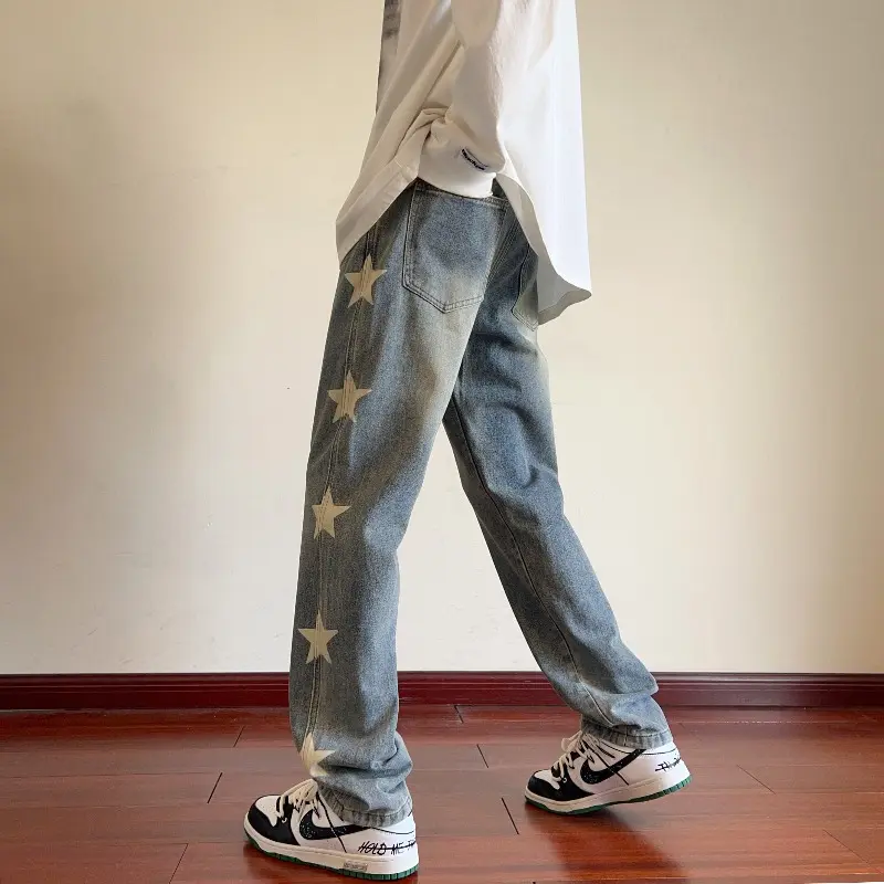 Men Jeans Scraped Denim Pants Floral Trim Splash Ink Slim Cotton Stretch Leather Standard Black Trousers2 Embroidered