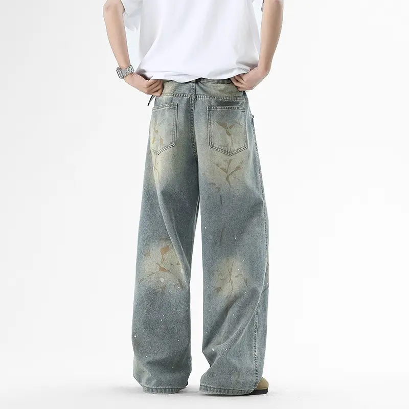Men's Jeans Soft Wide Leg Straight Bamboo Fiber Pattern High End Fashionable Loose Fit Trousers for Spring Autumn New 2025