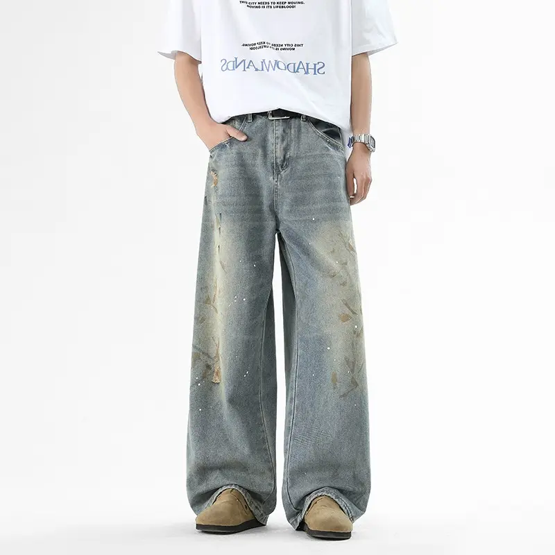 Men's Jeans Soft Wide Leg Straight Bamboo Fiber Pattern High End Fashionable Loose Fit Trousers for Spring Autumn New 2025