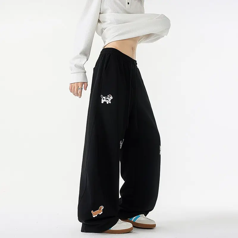Men's Casual Pants Fun Dog Embroidery Spring Summer New Sle Drapey High Waist Wide Leg Straight Cut Trousers Trendy Streetwear