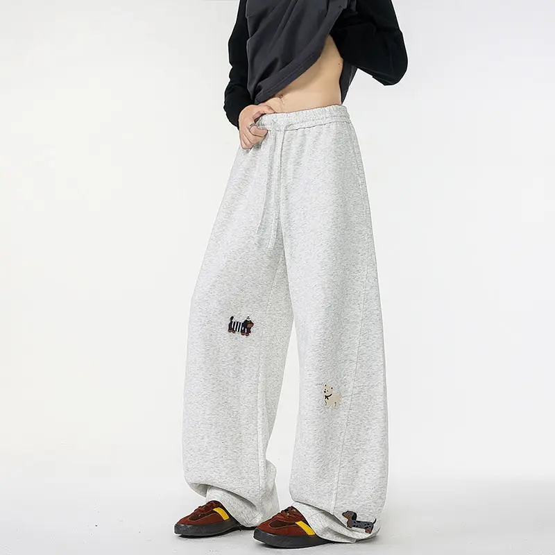 Men's Casual Pants Fun Dog Embroidery Spring Summer New Sle Drapey High Waist Wide Leg Straight Cut Trousers Trendy Streetwear