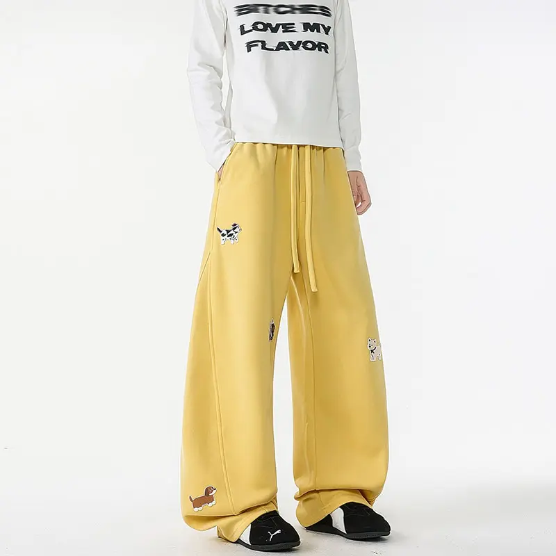 Men's Casual Pants Fun Dog Embroidery Spring Summer New Sle Drapey High Waist Wide Leg Straight Cut Trousers Trendy Streetwear