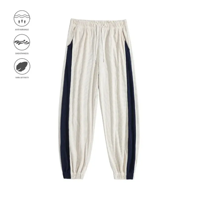 Men Patchwork Cuffed Pants Spring Autumn Trendy Korean Style Versatile Comfortable Sports Trousers for Teens Casual Loose Velvet