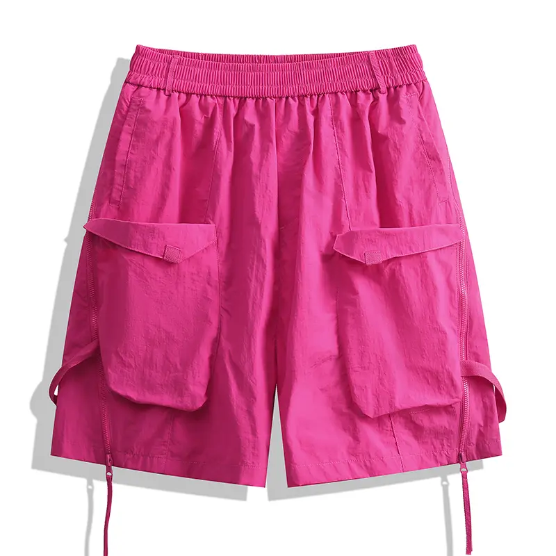Elastic Waist Men Casual Shorts Zipper Patchwork Ribbon Decoration Solid Color Straight Loose Wide Leg Male Bottom Shorts Men